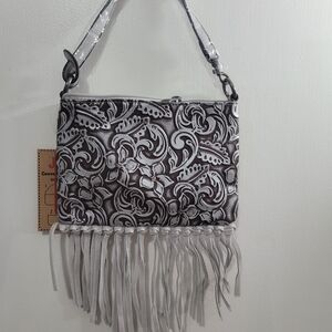 Fringed Floral Embossed Shoulder Bag - White & Brown